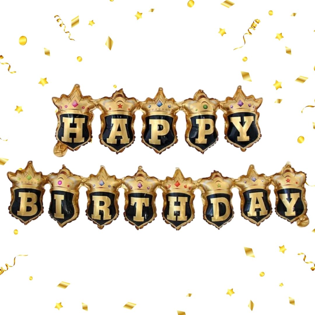 Happy Birthday Black Crown Hanging Balloon Banner