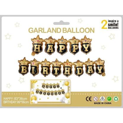 Happy Birthday Black Crown Hanging Balloon Banner