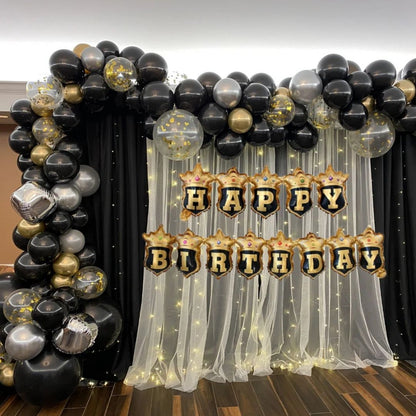 Happy Birthday Black Crown Hanging Balloon Banner