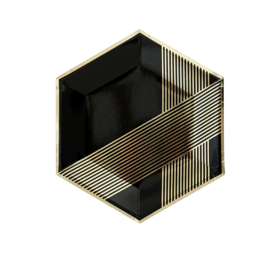 Hexagon Shaped Gold & Black Paper Plates - 9 inches - 10PC