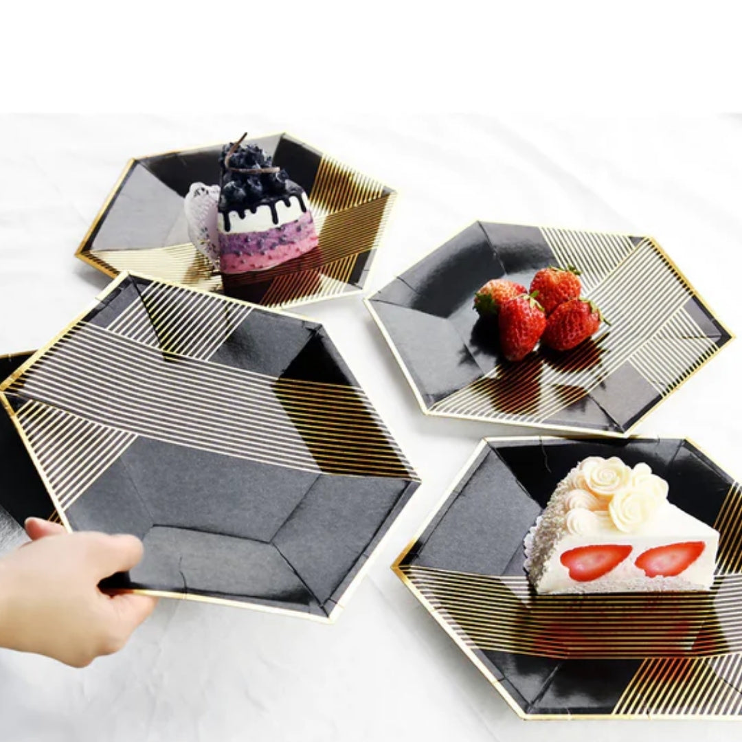 Hexagon Shaped Gold & Black Paper Plates - 9 inches - 10PC