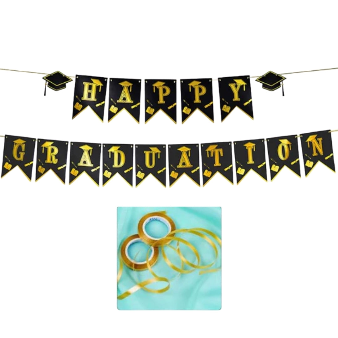 Happy Graduation Hat Banner Black & Gold