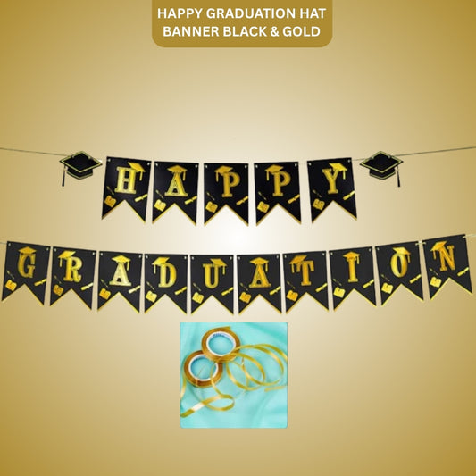 Happy Graduation Hat Banner Black & Gold