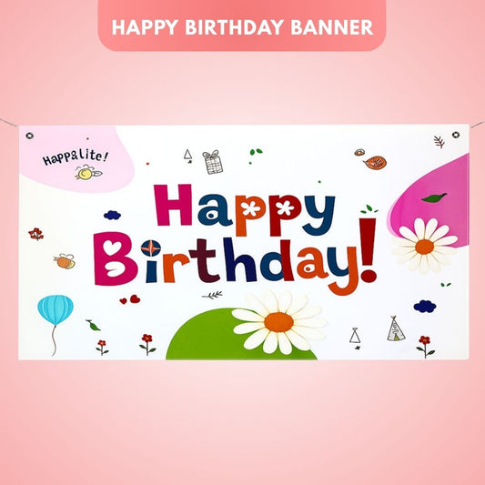 Floral Theme White Happy Birthday Banner for Wall Decor -  4FT X 2FT - 1PC