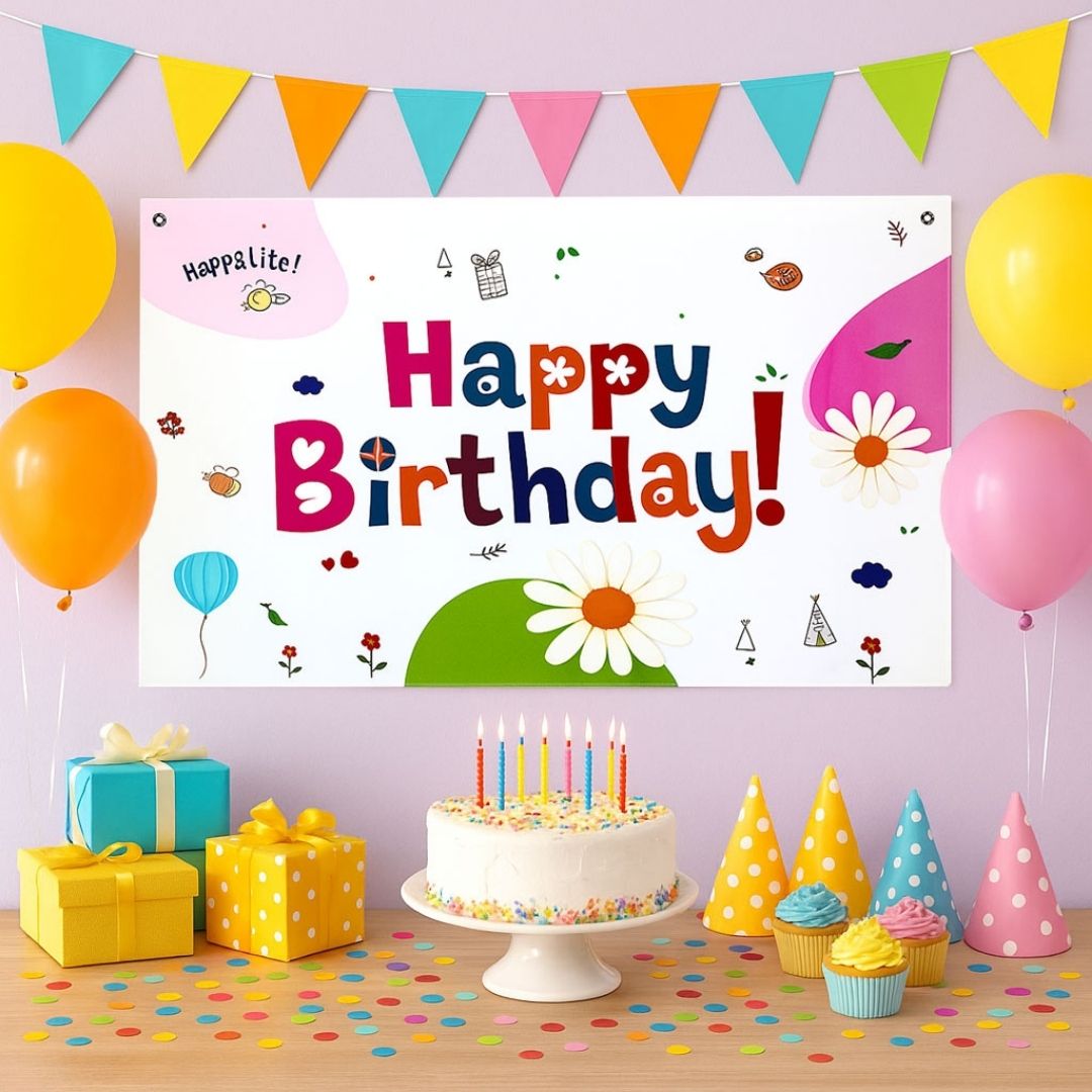 Floral Theme White Happy Birthday Banner for Wall Decor -  4FT X 2FT - 1PC