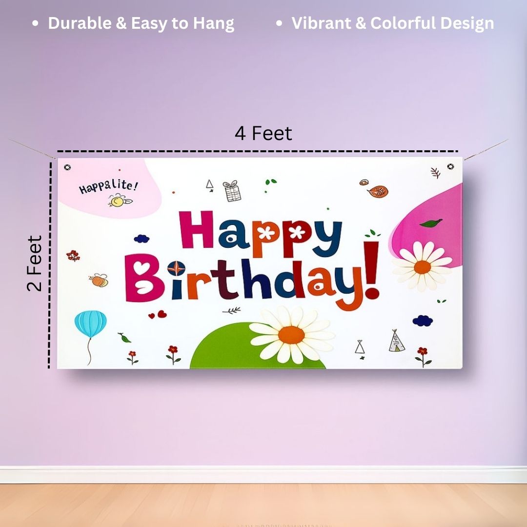 Floral Theme White Happy Birthday Banner for Wall Decor -  4FT X 2FT - 1PC
