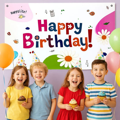 Floral Theme White Happy Birthday Banner for Wall Decor -  4FT X 2FT - 1PC