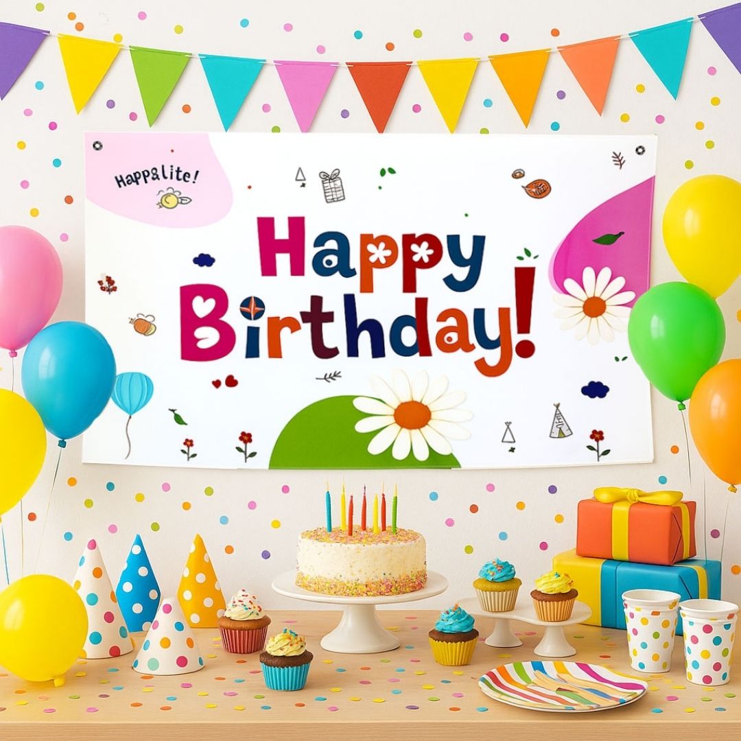 Floral Theme White Happy Birthday Banner for Wall Decor -  4FT X 2FT - 1PC