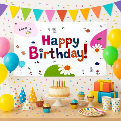 Floral Theme White Happy Birthday Banner for Wall Decor -  4FT X 2FT - 1PC