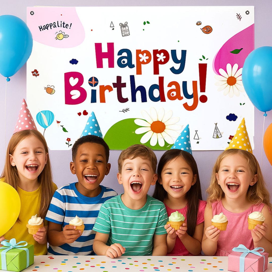 Floral Theme White Happy Birthday Banner for Wall Decor -  4FT X 2FT - 1PC