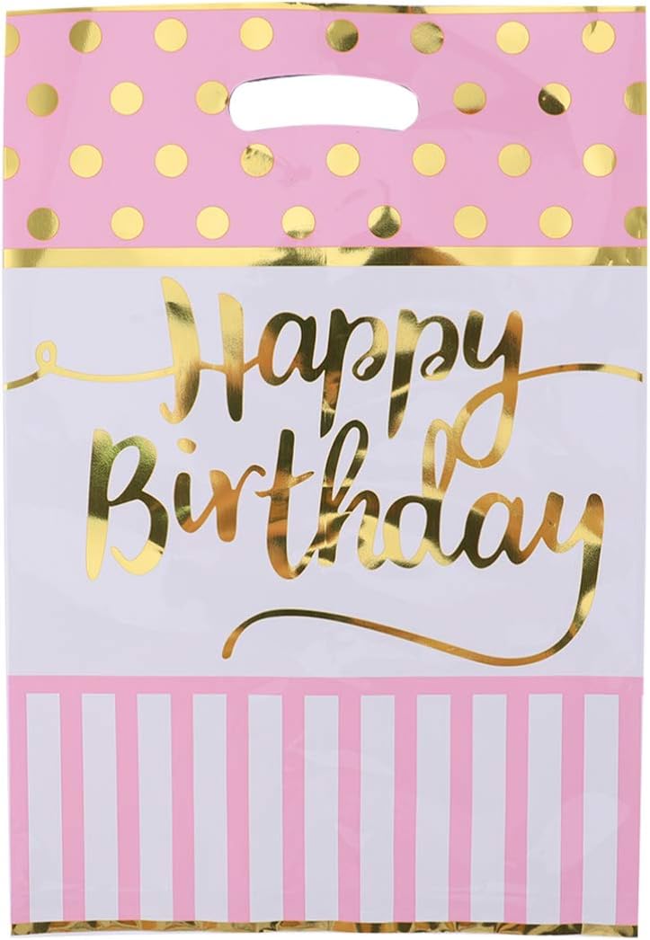 Happy Birthday Pink &amp; Golden Polka Dot Loot Bags -