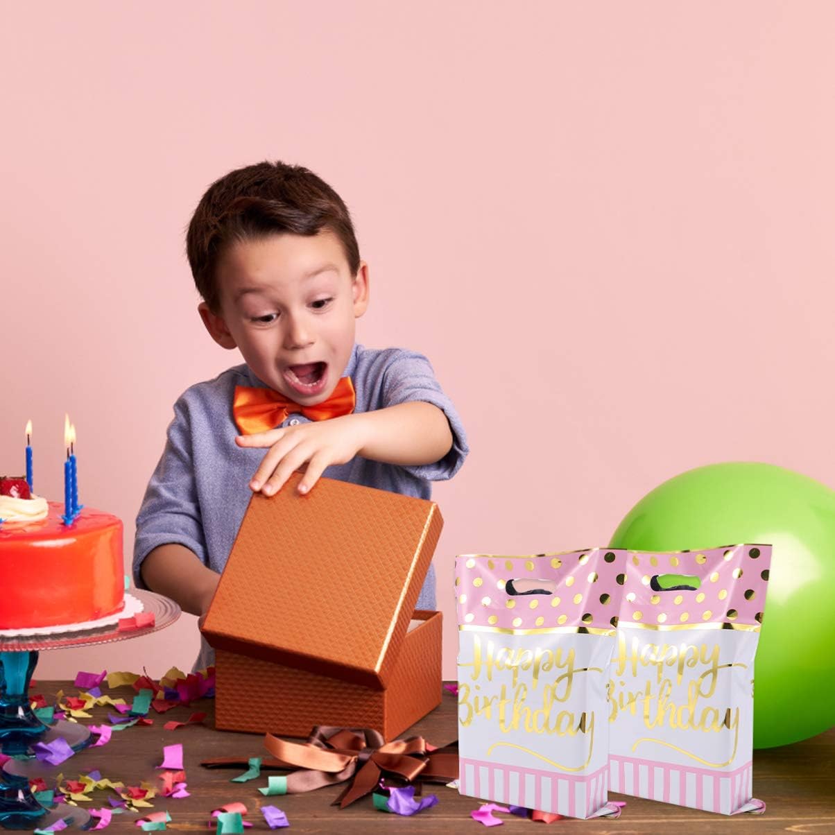 Happy Birthday Pink &amp; Golden Polka Dot Loot Bags -