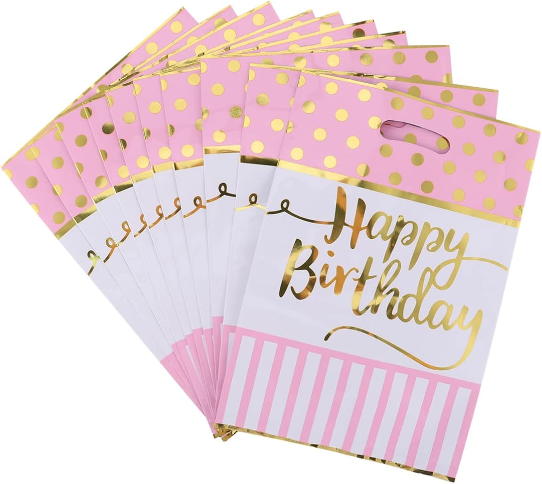 Happy Birthday Pink &amp; Golden Polka Dot Loot Bags -