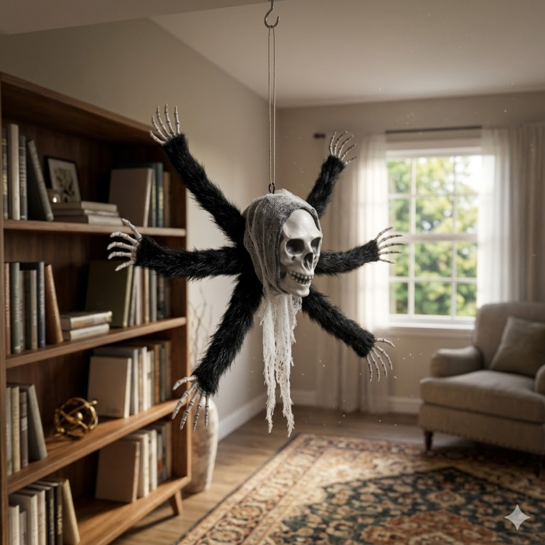 Hanging Skull Spider Decoration with Black Legs for Halloween & Theme Party Décor – 1FT – 1PC