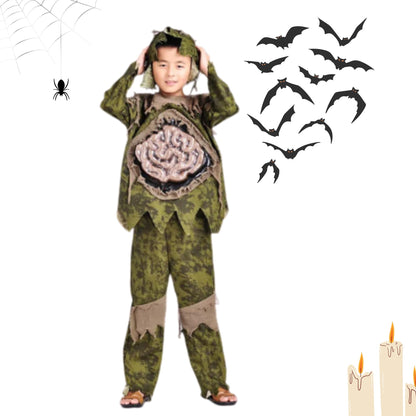 Wanna Party Halloween Monster Novelty Clothing Cosplay Jumpsuit Costume Outfit /Green Swamp Zombie Costume For Boys Age 7-9 years