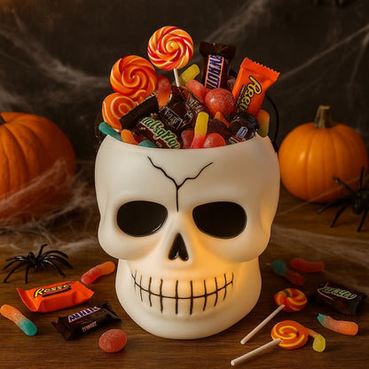 White Light Up Skull Basket for Halloween/ Theme Party Decor - 1PC