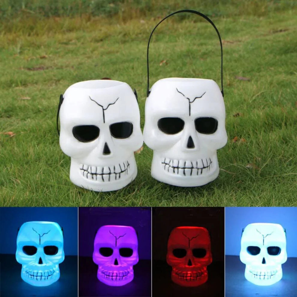 White Light Up Skull Basket for Halloween/ Theme Party Decor - 1PC