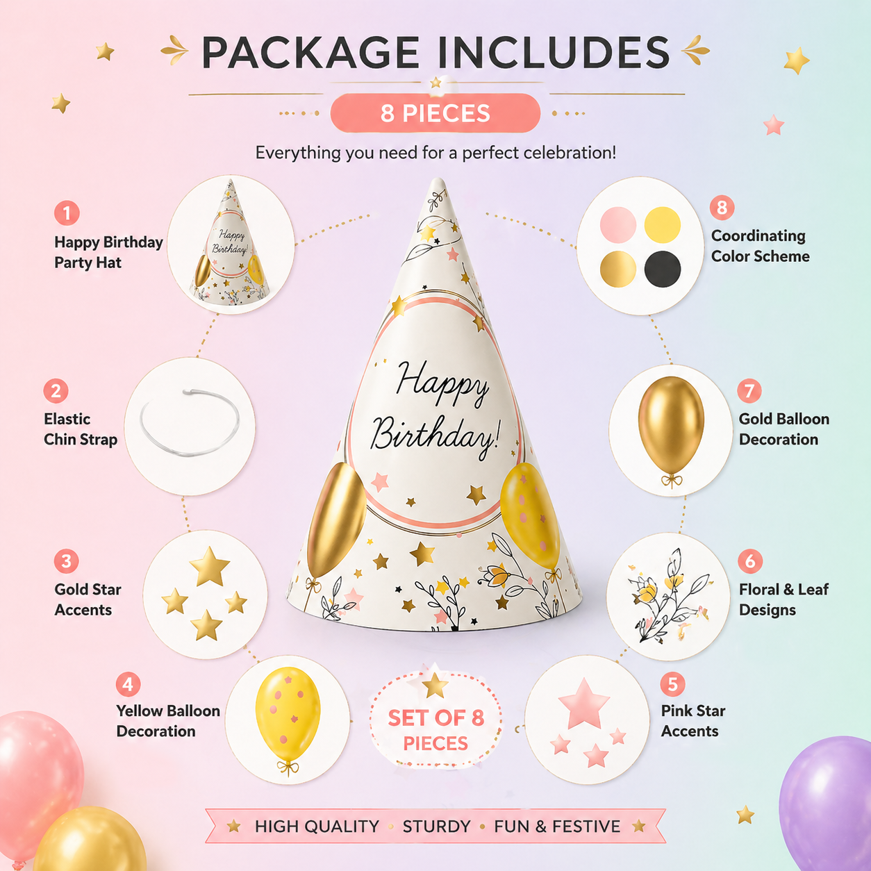 Happy Birthday Celebration Pastel Color Balloon Hats  for Party Guests - 8PC