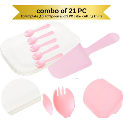 Pink Cake Knife, Forks &amp; Disposable Plates Set - Set of 21 PC