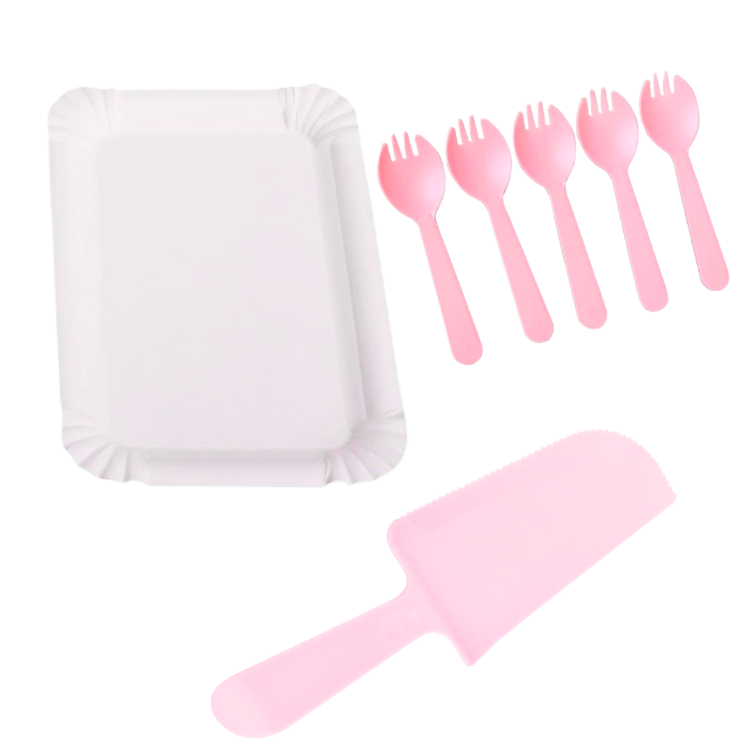 Pink Cake Knife, Forks &amp; Disposable Plates Set - Set of 21 PC