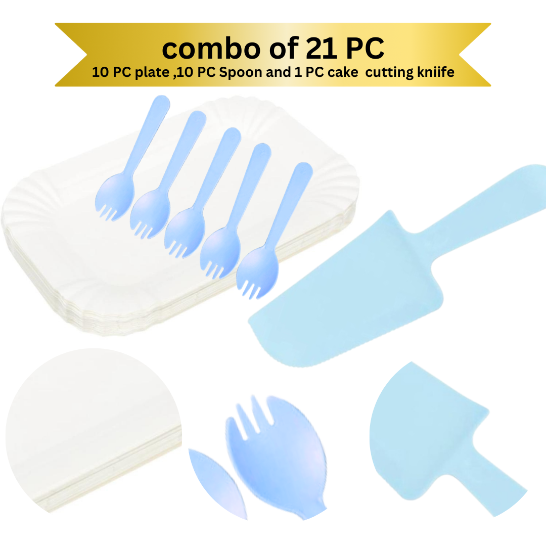 Blue Cake Knife, Forks &amp; Disposable Plates Set - Set of 21 PC