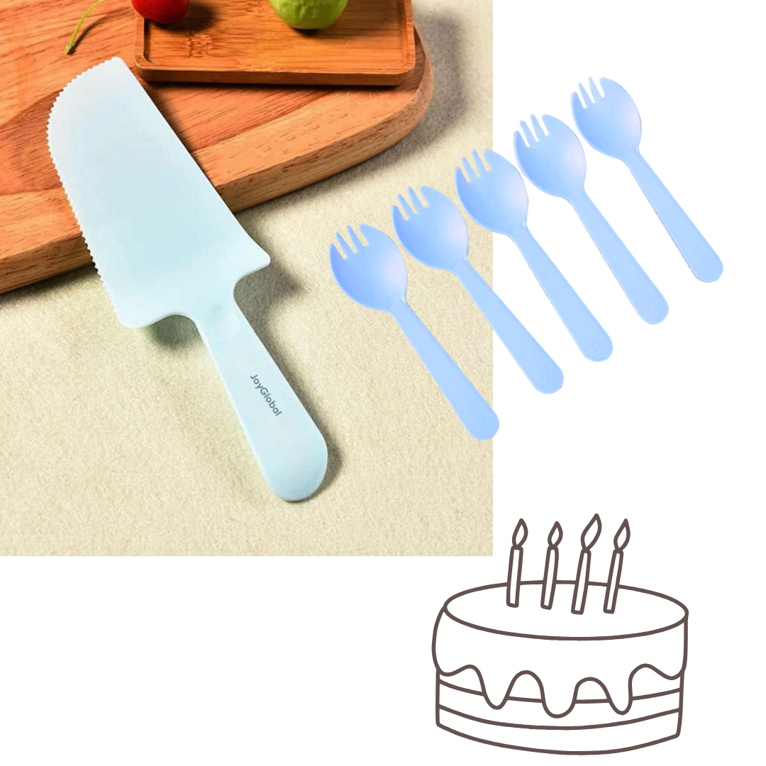 Blue Cake Knife, Forks &amp; Disposable Plates Set - Set of 21 PC