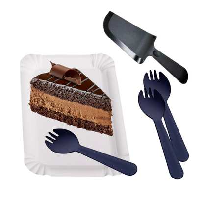 Black Cake Knife, Forks &amp; Disposable Plates Set - Set of 21 PC