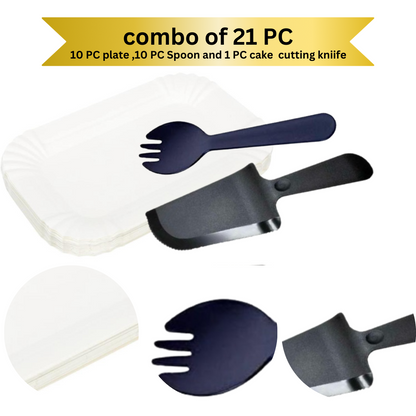 Black Cake Knife, Forks &amp; Disposable Plates Set - Set of 21 PC