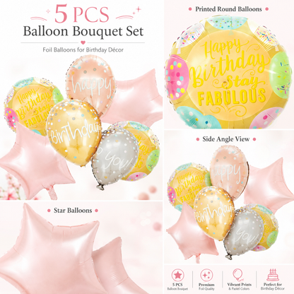 Triple Balloon Happy Birthday Balloon Set - 5PC