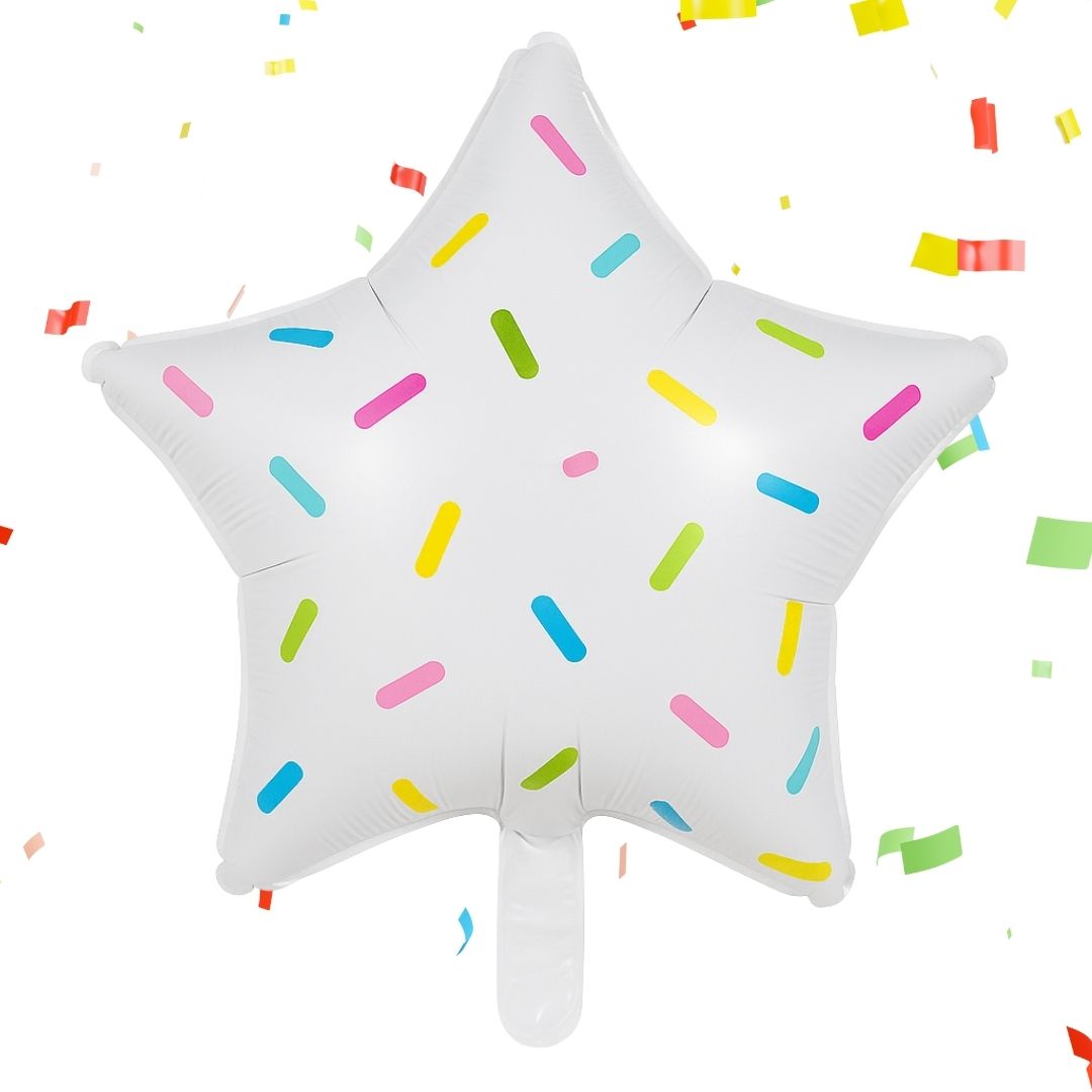 White Star Shaped Balloon with Multicolor Sprinklers 18"