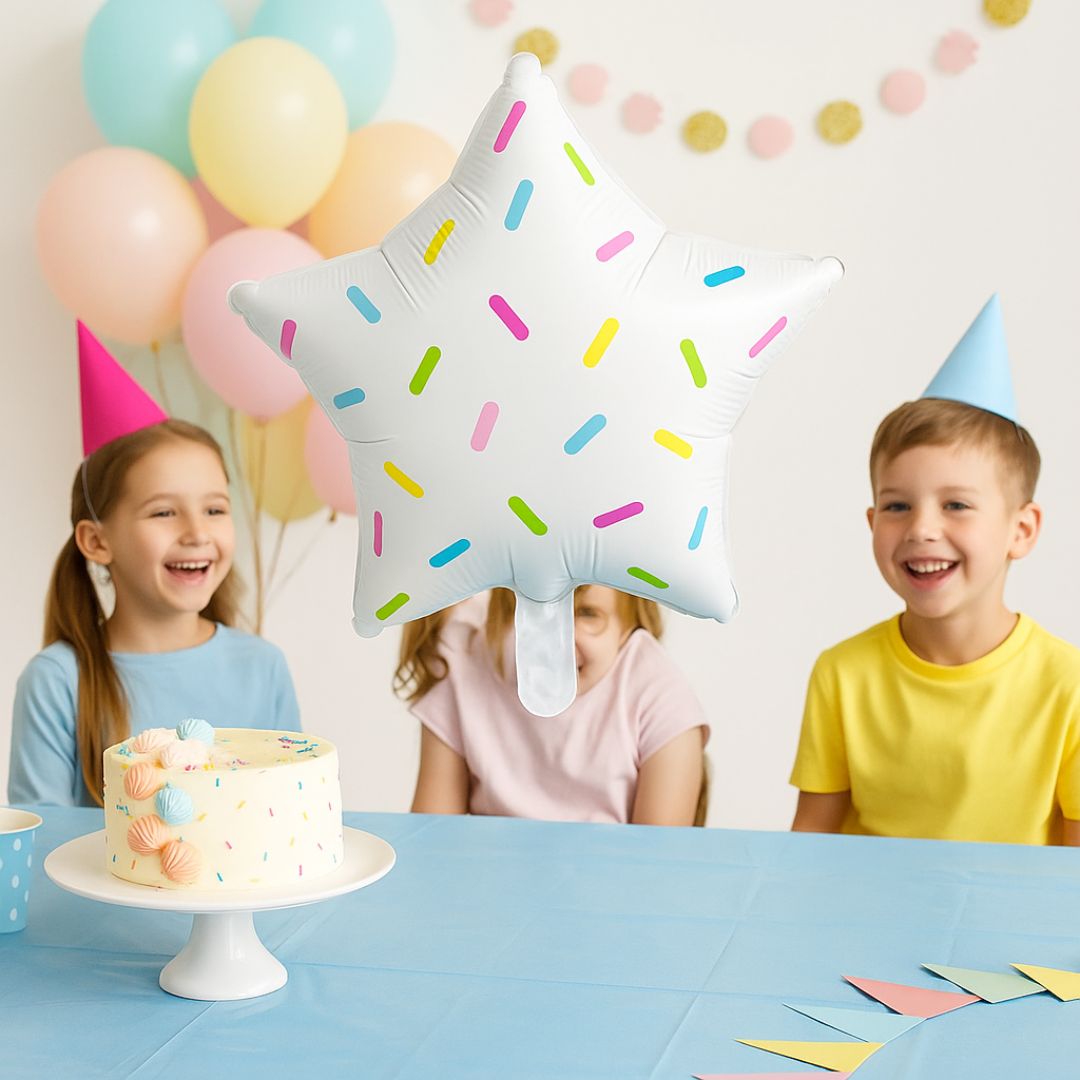 White Star Shaped Balloon with Multicolor Sprinklers 18"