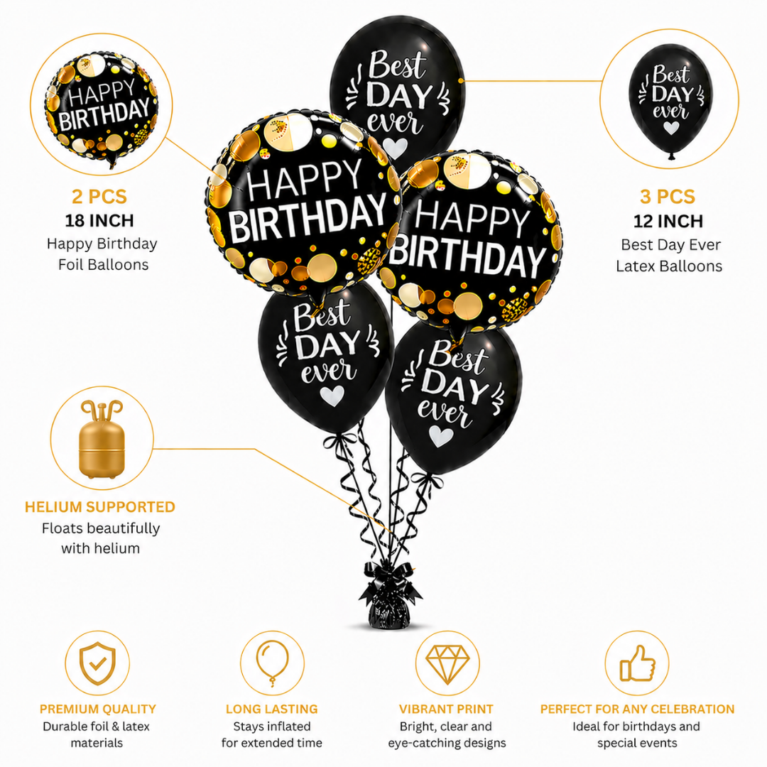Best Day Ever Happy Birthday Black & White Balloon Set - 5PC