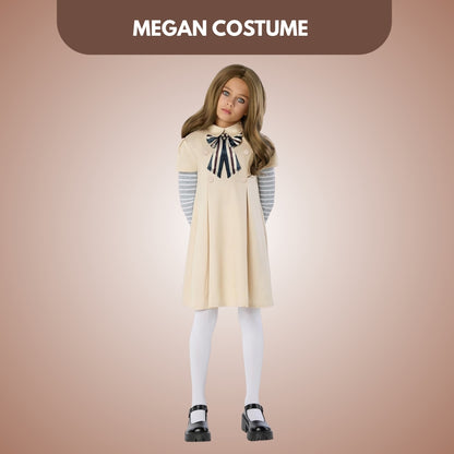 Megan Horror Movie Beige Fancy Costume w/ Grey & White Tshirt, Bow Tie and Stockings