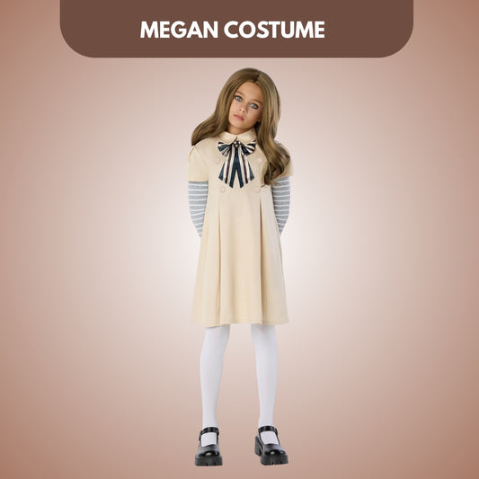 Megan Horror Movie Beige Fancy Costume w/ Grey & White Tshirt, Bow Tie and Stockings - Size L -  Age 7 to 9