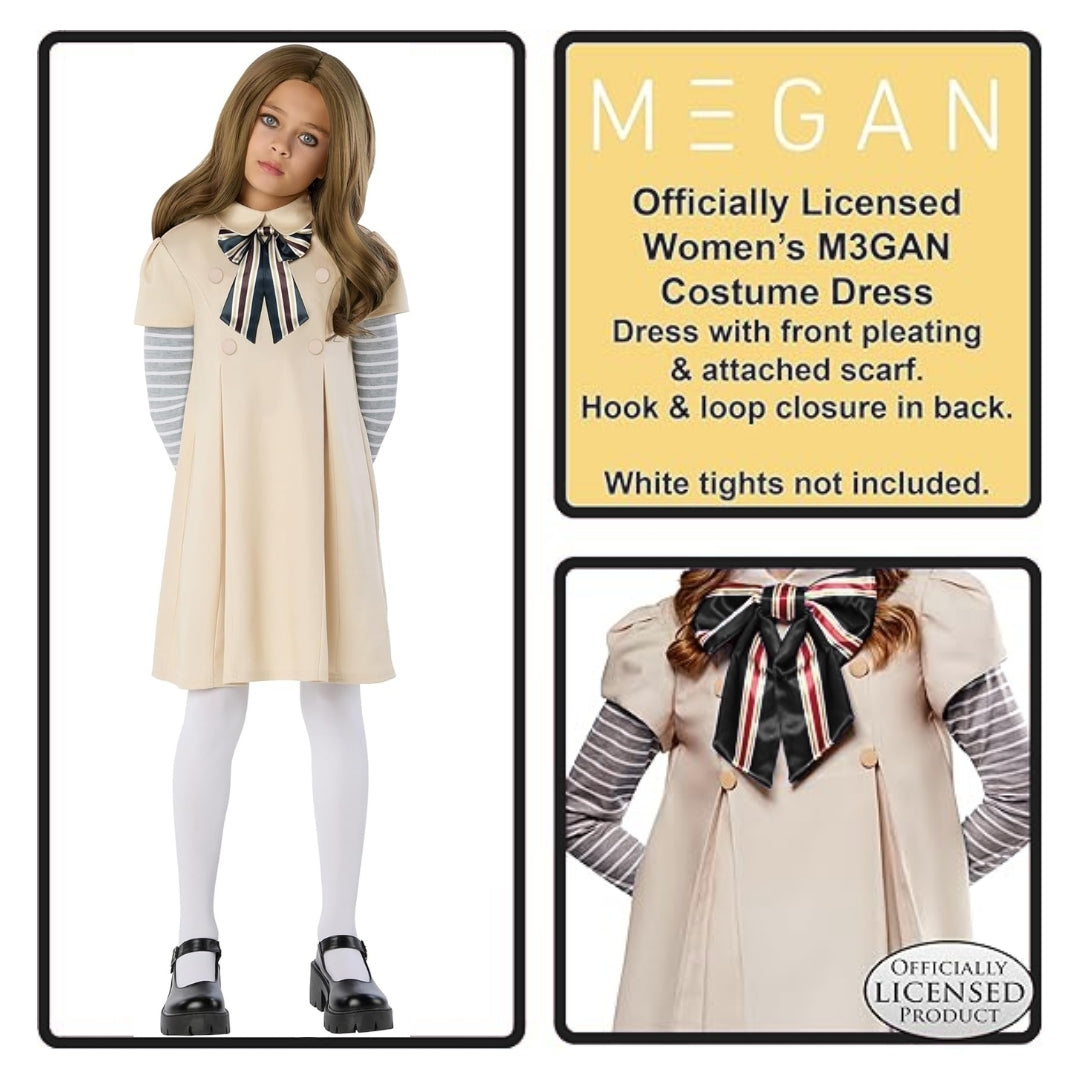 Megan Horror Movie Beige Fancy Costume w/ Grey & White Tshirt, Bow Tie and Stockings