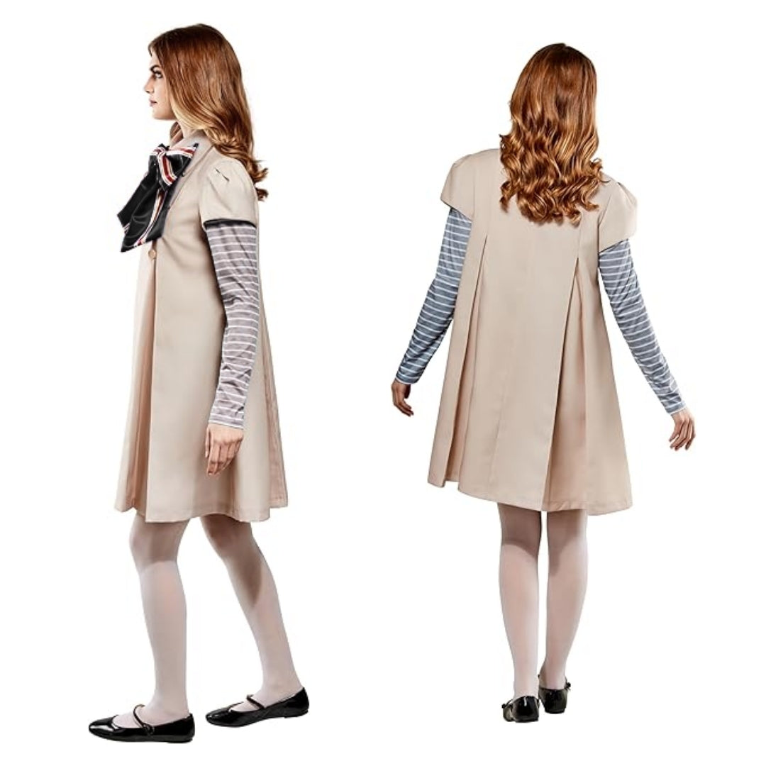 Megan Horror Movie Beige Fancy Costume w/ Grey & White Tshirt, Bow Tie and Stockings