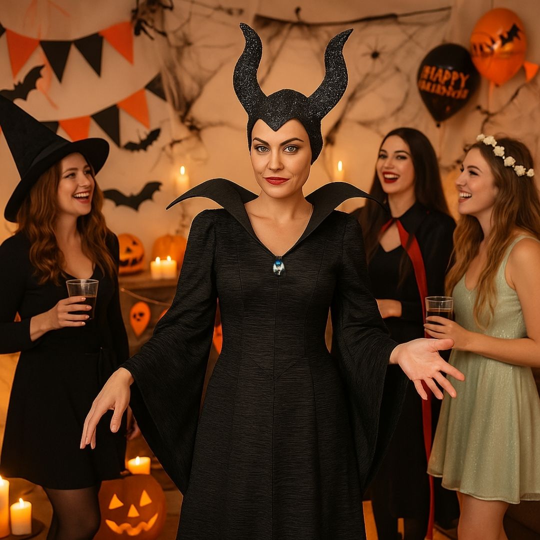 Maleficient Adult Costume with Glittery Headband