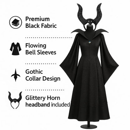 Maleficient Adult Costume with Glittery Headband