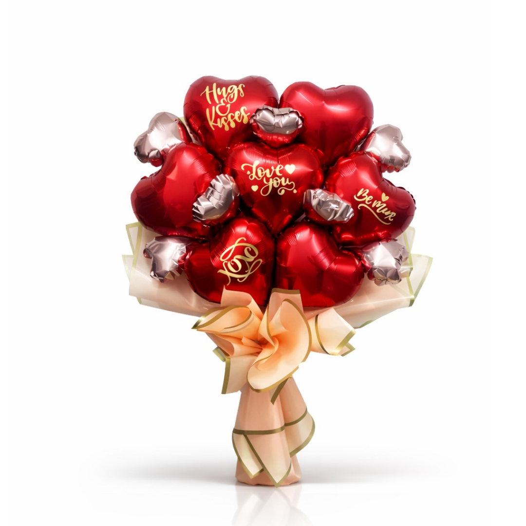 Red & Rose Gold Love You Text Foil Balloon Bouquet - 3PC