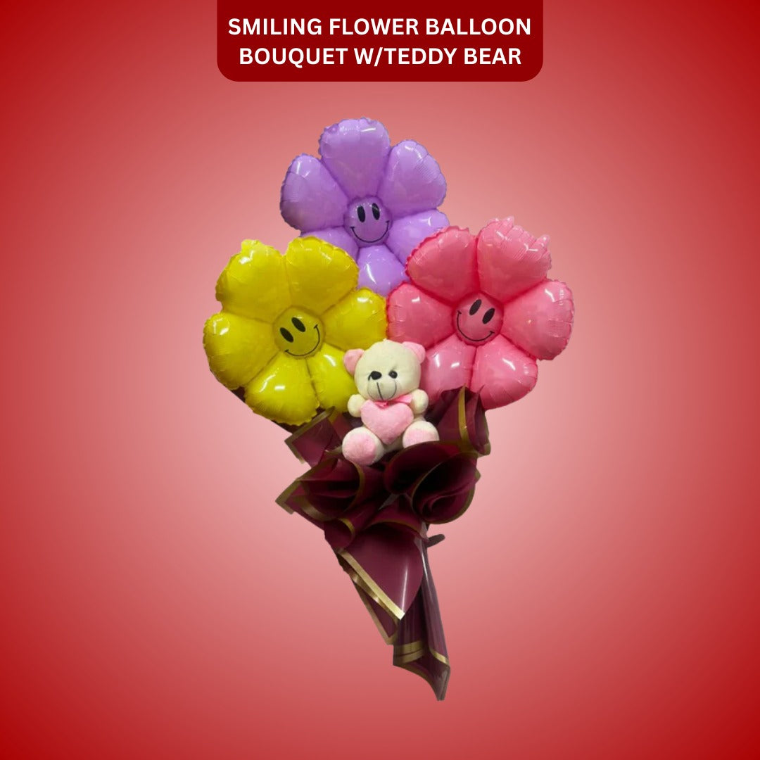 Smiling Flower Foil Balloon Bouquet w/Teddy Bear - 3PC