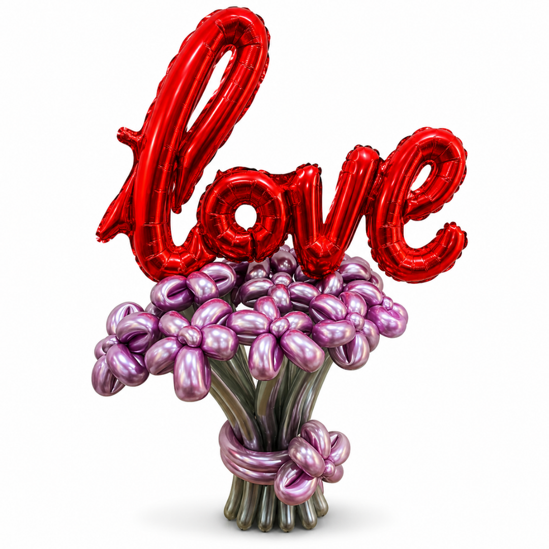 L-o-v-e Ballloon Bouquet with Pink & Silver Designer Balloons | Air Filled and Ready Delivery