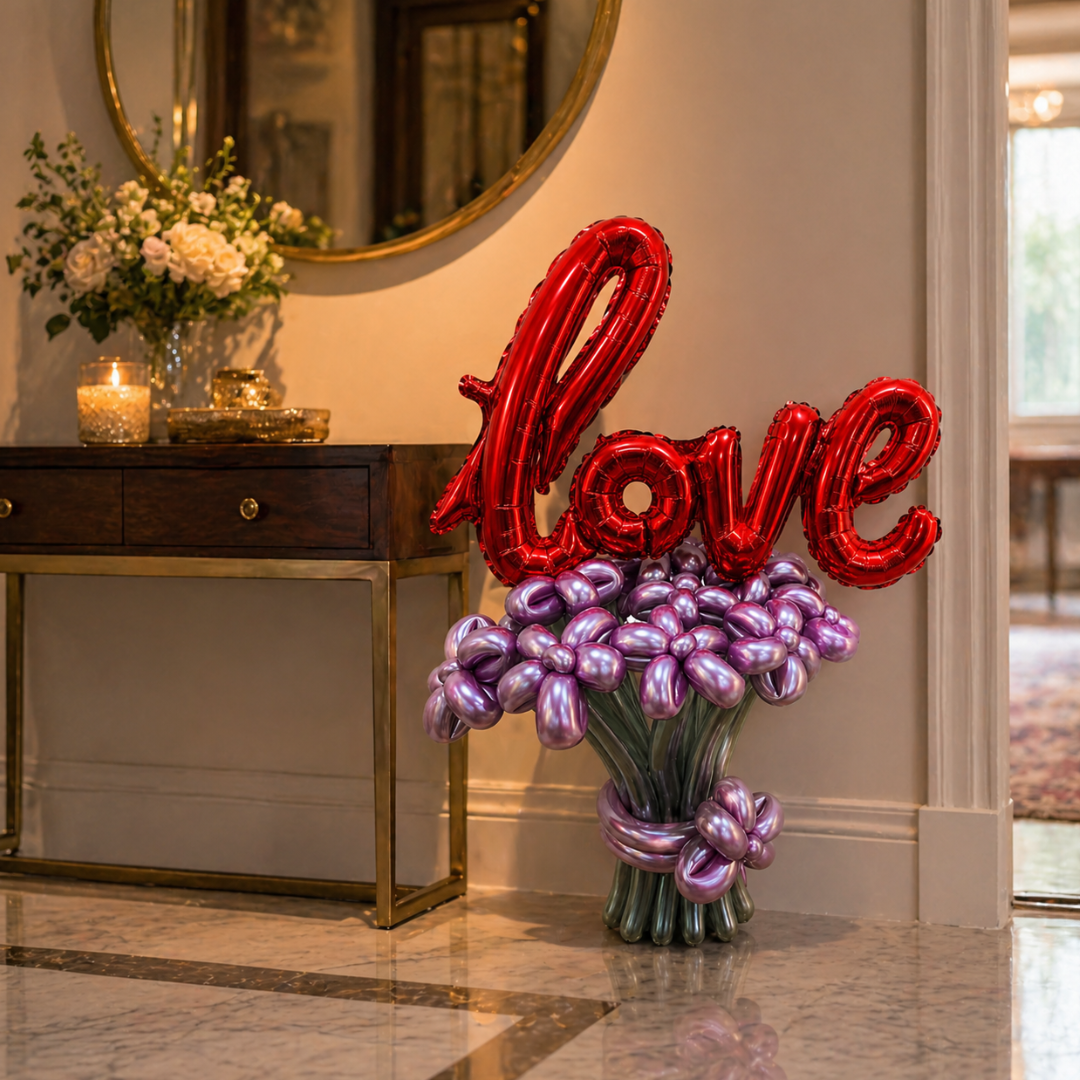 L-o-v-e Ballloon Bouquet with Pink & Silver Designer Balloons | Air Filled and Ready Delivery