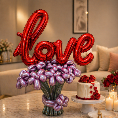 L-o-v-e Ballloon Bouquet with Pink & Silver Designer Balloons | Air Filled and Ready Delivery