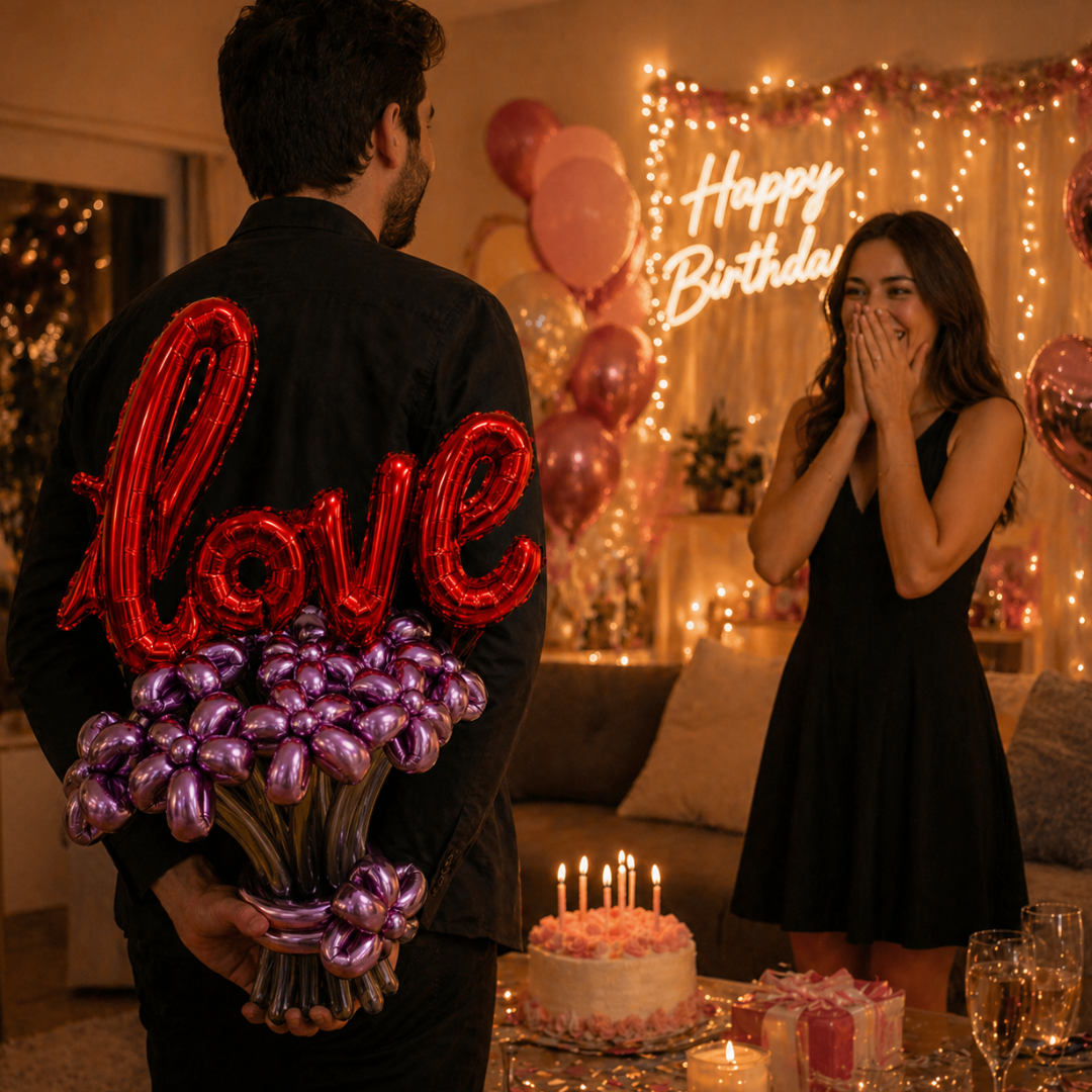 L-o-v-e Ballloon Bouquet with Pink & Silver Designer Balloons | Air Filled and Ready Delivery