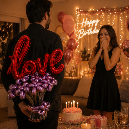 L-o-v-e Ballloon Bouquet with Pink & Silver Designer Balloons | Air Filled and Ready Delivery