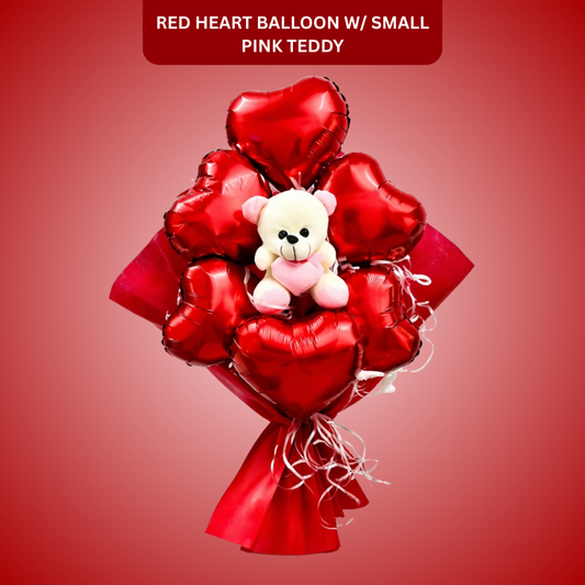 Red Heart Shape Foil Balloon w/ Small Pink Teddy Combo for Valentines Day/ Theme Party - 6PC