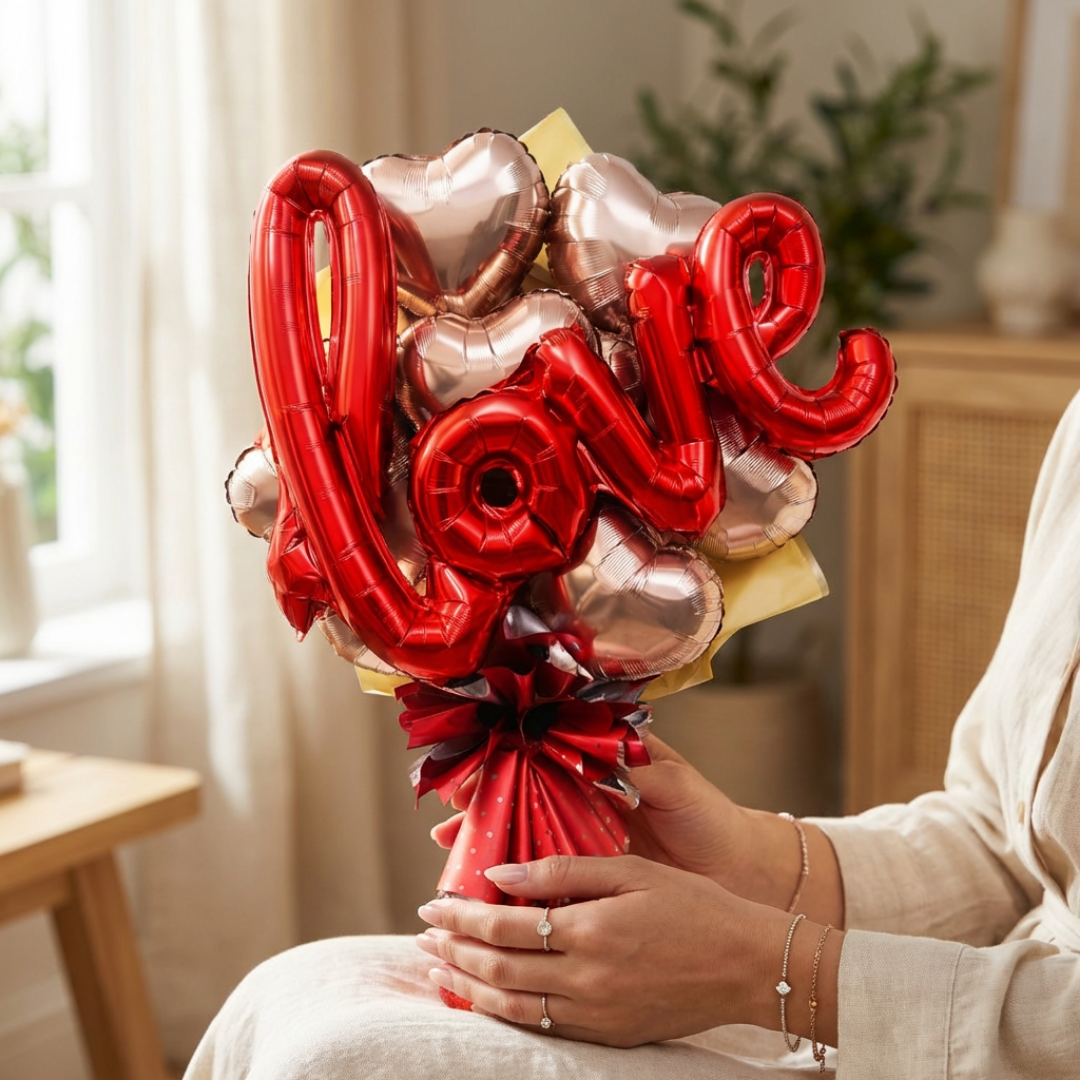 Rose Gold Heart Shape Foil Balloon Set w/ Red L-O-V-E Shaped Foil Ballon - 8PC