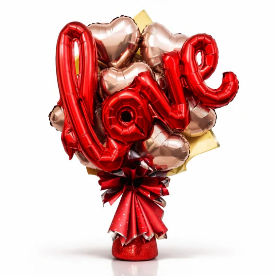 Rose Gold & Red Heart Foil Balloon Bouquet Set | Air Filled & Delivered Inflated | Romantic & Surprise Gift Bouquet