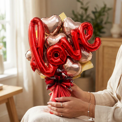 Rose Gold & Red Heart Foil Balloon Bouquet Set | Air Filled & Delivered Inflated | Romantic & Surprise Gift Bouquet