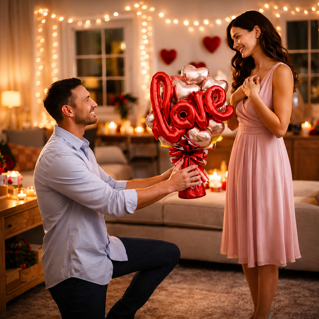 Rose Gold & Red Heart Foil Balloon Bouquet Set | Air Filled & Delivered Inflated | Romantic & Surprise Gift Bouquet